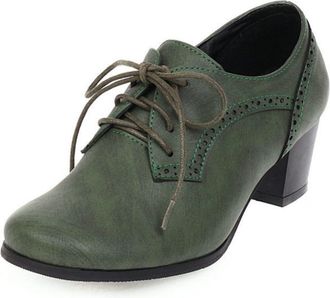 Generic Women Lace-Up Block Heel Brogues - Round Toe Formal Shoes for Office Commute,Green,6.5 UK
