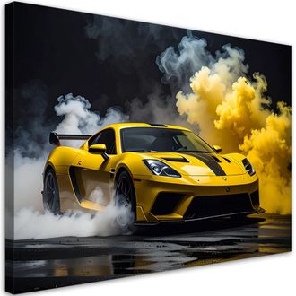 Feeby Cuadro Sobre Lienzo, Coche Deportivo Amarillo En La Niebla, 120x80
