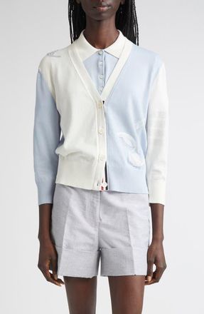 Thom Browne Fun-Mix 4-Bar Feather Intarsia Three Quarter Sleeve Cardigan in Light Blue at Nordstrom, Size 2 Us