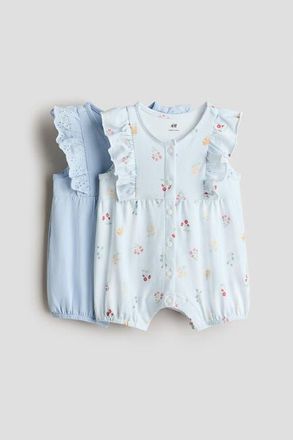 H&M 2-pack Frill-detail Romper Suits in Light Blue/floral at Nordstrom, Size Newborn