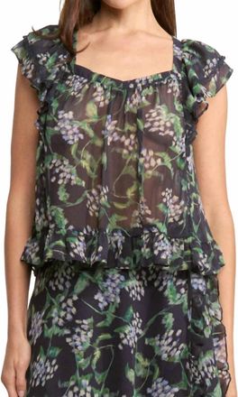En Saison Lindsey Ruffle Sleeve Blouse Top In Navy Green Blue