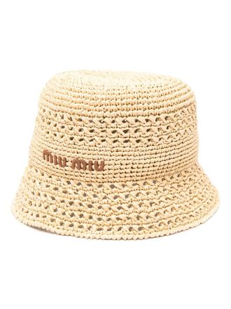 Miu Miu embroidered-logo raffia bucket hat - Neutrals