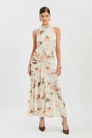 Bardot Leanna - Vestito midi accollato con vita arricciata e spacco sulla coscia in rete color avorio a fiori acquerello-Bianco