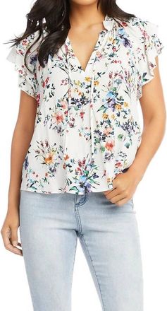 Karen Kane Sasha Short Sleeve Ruffle Tie-Neck Top In Multi Color
