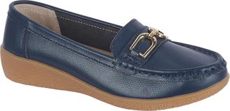 Jo & Joe Womens Leather Comfort Loafers with Gold Buckle - Cushioned Wedge Slip-On Smart Casual Shoes Sizes 4-8 (Royal Blue, UK Footwear Size System, Adult, Wo