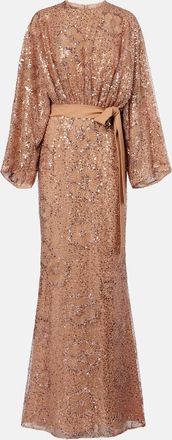 Elie Saab Abito lungo in misto seta con paillettes e cintura