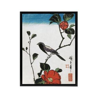 Artery8 Japanese Bird On Camellia Branch Framed Canvas Wall Art Print Hiroshige in Red | Size: W24 x H32
