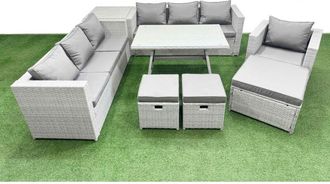 Fimous Outdoor Rattan Garden Furniture Dining Set 10-seater Patio Rectangular Table 3 Seater Sofa Armchair Set with Side Table 3 Stools - Fimous