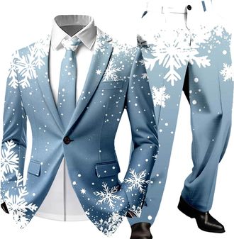 Generic Mens Suits Christmas Cute Cartoon Reindeer Snowflake Color Blovk Printed Coats and Trousers 2 Piece Sets Slim Fit Classic Xmas Holiday Jackets Novelty