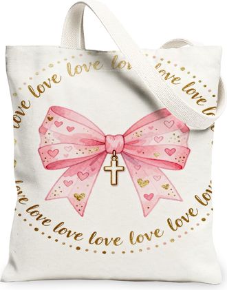 Generic Love Ribbon Canvas Tote Bags, Heart Print Reusable Grocery Bags, Spring Floral Lightweight Washable Shoulder Strap Canvas F, Peach, 13x15 Inch
