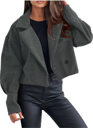 Generic Wool Blend Cropped Jackets for Women Fashion Dressy Cardigans Lopng Sleeve Double Breasted Notched Lapel Outerwear Dark Gray