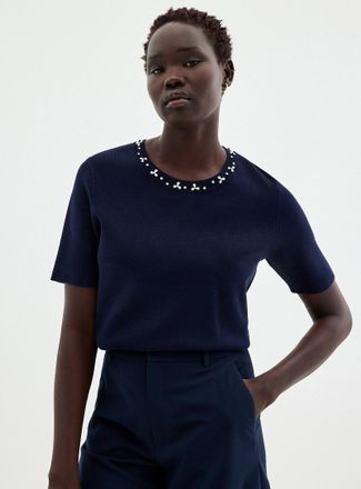 Contemporaine Womens Short-sleeve jewel-collar sweater