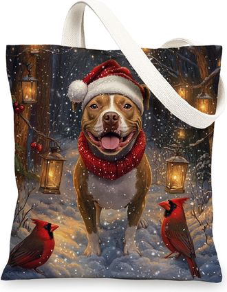 Generic Christmas Pitbull Dog Canvas Tote Bag for Shopping 13x15, Winter Cardinal Xmas Puppy Reusable Grocery Print Bag for Women Men, Holiday Pet Aesthetic P