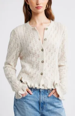Treasure & Bond Pointelle Ruffle Edge Cardigan in Beige Oatmeal Light Heather at Nordstrom Rack, Size Xx-Small