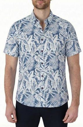 Report Collection Tropical Print Short Sleeve Linen & Cotton Button-Up Shirt in Blue at Nordstrom Rack, Size Xx-Large