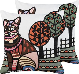 Beliani Conjunto De 2 Cojines De Algod&oacute;n Blanco Negro Marr&oacute;n 50 X 50 Cm Gato Mehsana