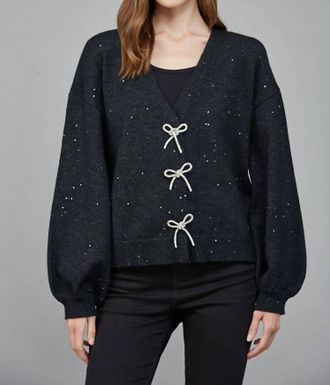 Fate Rhinestone Bow Sequin Cardigan Sweater In Heather Black