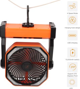 OEM Ventilador De Camping Con Linterna Led, 4 Velocidades, Giro De 270&deg;, Alto Flujo De Aire, Recargable Por Usb, Con Gancho Para L&aacute;mpara, Color Naranja