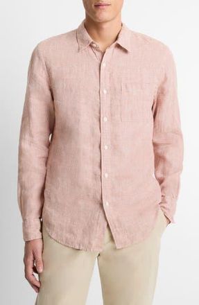 Vince Houndstooth Classic Fit Linen Button-Up Shirt in Sepia/Optic White at Nordstrom Rack, Size Large