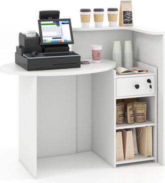 Costway Costway - Reception Desk Front Counter Desk w/ Lockable Drawer & Shelf-White