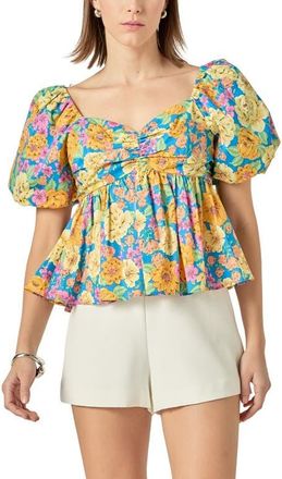 English Factory Floral Print Puff Sleeve Shirt in Blue Multi at Nordstrom, Size X-Small