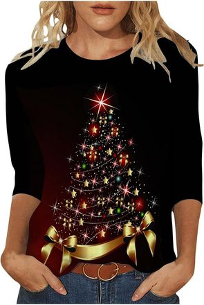 Generic Womens Christmas T Shirts UK 2025 Fashion 3/4 Sleeve Crewneck Tops Loose Fit Xmas Santa Tree Wine Snowflake Graphic Print Blouse Holiday Cute Tshirts