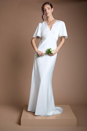 Oasis Womens Deep V Fluted Sleeve Maxi Wedding Dress - White - Size 12 UK
