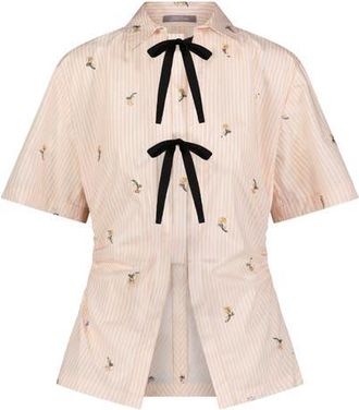 Lela Rose Embroidered Striped Cotton Bow Front Shirt in Blush at Nordstrom, Size X-Small
