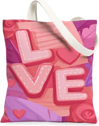 Generic ValentineS Day Hearts Canvas Tote Bags, Cute Love Design Reusable Grocery Bags, Lightweight Washable Shoulder Strap Canvas, Peach, 13x15 Inch