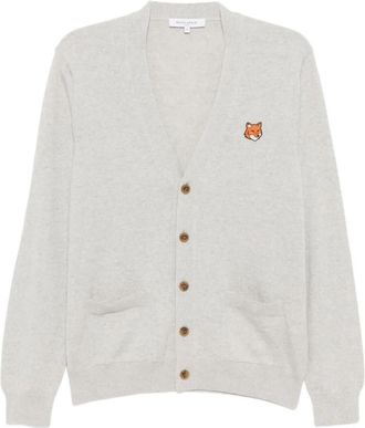 Maison Kitsun&eacute; Light Grey V-Neck Logo Patch Cardigan