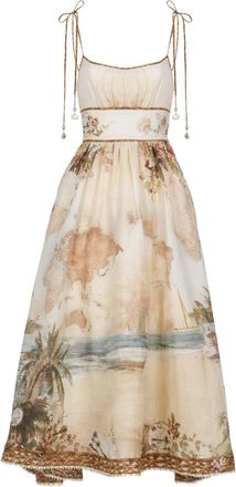 Zimmermann Island Map Print Midi Dress With Structured Bodice And Shell Charms