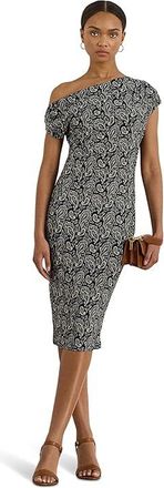 Lauren Ralph Lauren Paisley Jersey Off-The-Shoulder Dress Womens Dress Blue/Cream : 16, Elastane/Jersey/Polyester