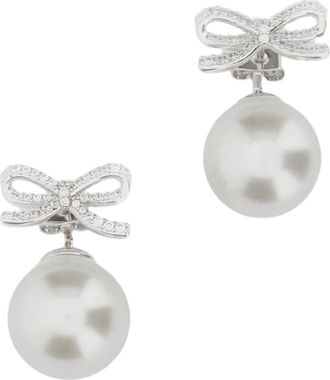 Self Portrait Silver Crystal Bow Pearl Earrings