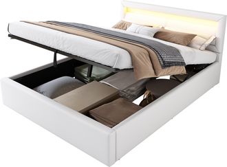 STILVORA Cama Con Arc&oacute;n 140 X 200 Cm De Pu Con Led Blanca Y Cabecero, Sin Colch&oacute;n, Blanca
