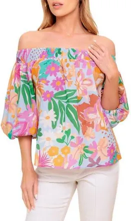 Flying Tomato Printed Off The Shoulder Top in Dusty Blue/Orange at Nordstrom Rack, Size Medium