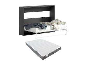 Vente-Unique Cama abatible 140 x 200 cm - Apertura horizontal manual - Antracita y natural + Colch&oacute;n - MALINA II