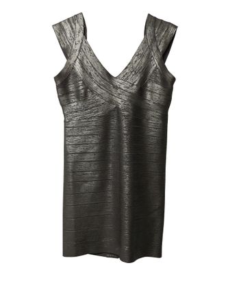 H&eacute;rve L&eacute;ger Criss Cross Foil Mini Dress in Silver Rayon
