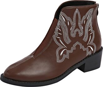 Generic Womens Tan Ankle Boots Winter Shoes for Women Womens Cowboy Booties Western Cowboy Short Booties Embroidery Stitching Pointed Toe Hollowed Out Chunky 