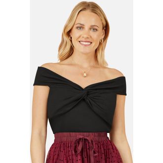Yumi 100% Cotton Knot Detail Bardot Top in Black at Nordstrom, Size 12