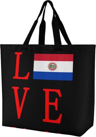 Generic Love Paraguay Flag Reusable Shopping Bags One Shoulder Grocery Tote Bag Waterproof Big Purse for Work Travel