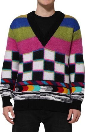 Dolce & Gabbana Mens Multicolor Glitch Intarsia Sweater Cashmere Mohair Virgin