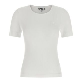 Ganni T-Shirts, female, White, Size: XS Ribbed Stretch Cotton T-Shirt