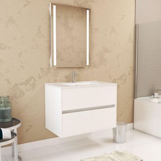 Aurlane Aurlane - Pack Mueble De Ba&ntilde;o 80 Cm Blanco Lacado 2 Cajones, Lavabo, Espejo 60x80 Y Doble Led