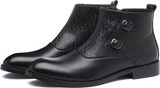 Generic Mens Chelsea Ankle Boots Block Heel W Irregular Pattern Duble Buckle Side Zip PU Slip On Wearable Non Waterproof Anti-slip Classic Slip On(5.5 UK)