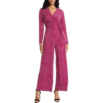 Maggy London Long Sleeve Faux Wrap Jumpsuit in Raspberry/Ivory at Nordstrom Rack, Size 14