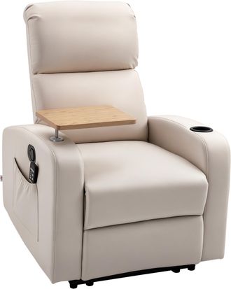 HOMCOM Sill&oacute;n Reclinable De Masaje Con Tableta, Bolsillos Laterales Y Control Remoto, Sill&oacute;n Para Tv Para Sala De Estar Y Dormitorio, Tela De Microfibra Beig