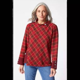Habitat Plaid Buttoned Cuff Top In Garnet