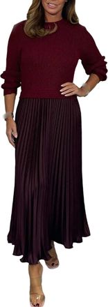 Generic Womens Solid Color Long Sleeve Jumper & Pleated Bottom Dress Fashion, Pleated Sweater, Sweatshirt Dress Women (Red,M)