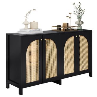 STILVORA Aparador Con 4 Puertas De Ratan Sintetico Y Tiradores De Metal, En Mdf, Negro, Para Salon Y Comedor