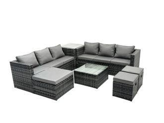 Fimous 9 Seater Patio Lounge Sofa Set with Side Table 3 Footstools in Dark Grey